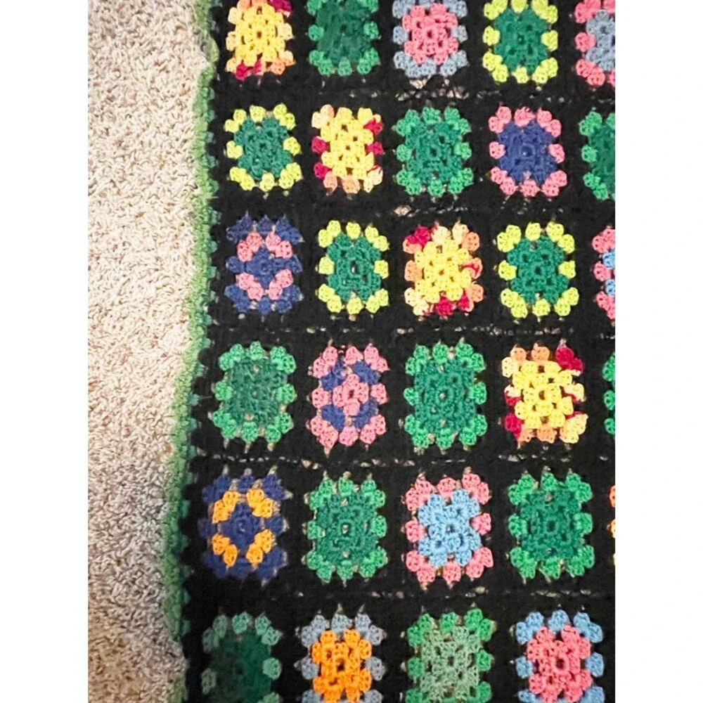 Handmade Crochet Granny Square Afghan Throw Blanket Black Multicolor Vintage